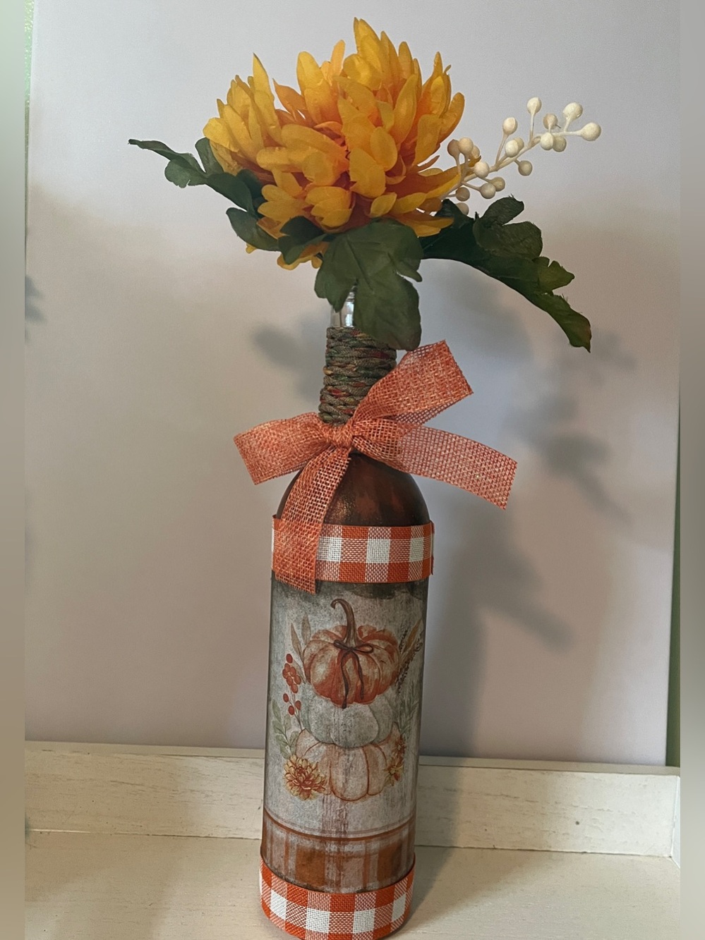 Fall Pumpkin Bottle Vase with Orange Ribbon Accent